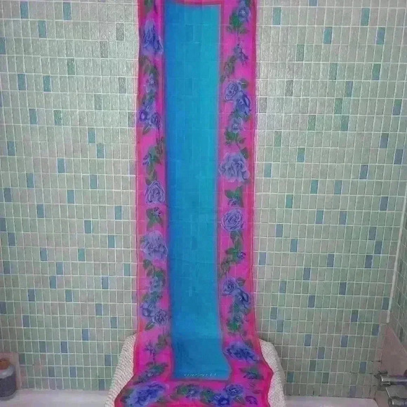 Leonard Paris Vintage Floral Silk Scarf Blue Pink - Picture 9 of 12